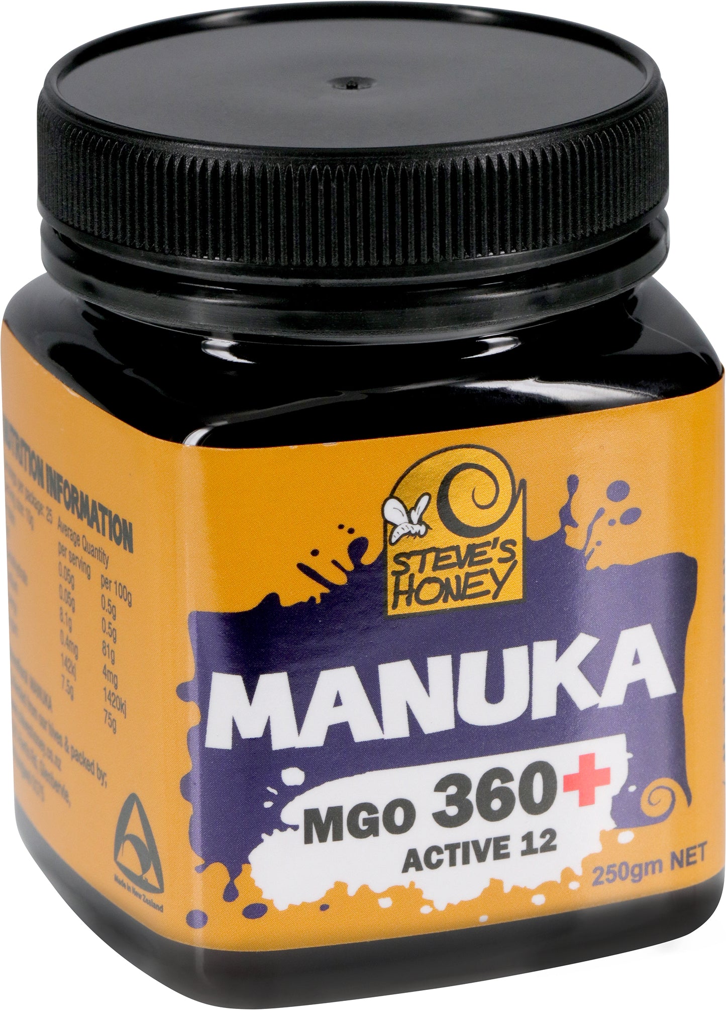 A 250 gram black jar of MGO 340+ Manuka Honey by Steve's Honey, with a playful yellow label.