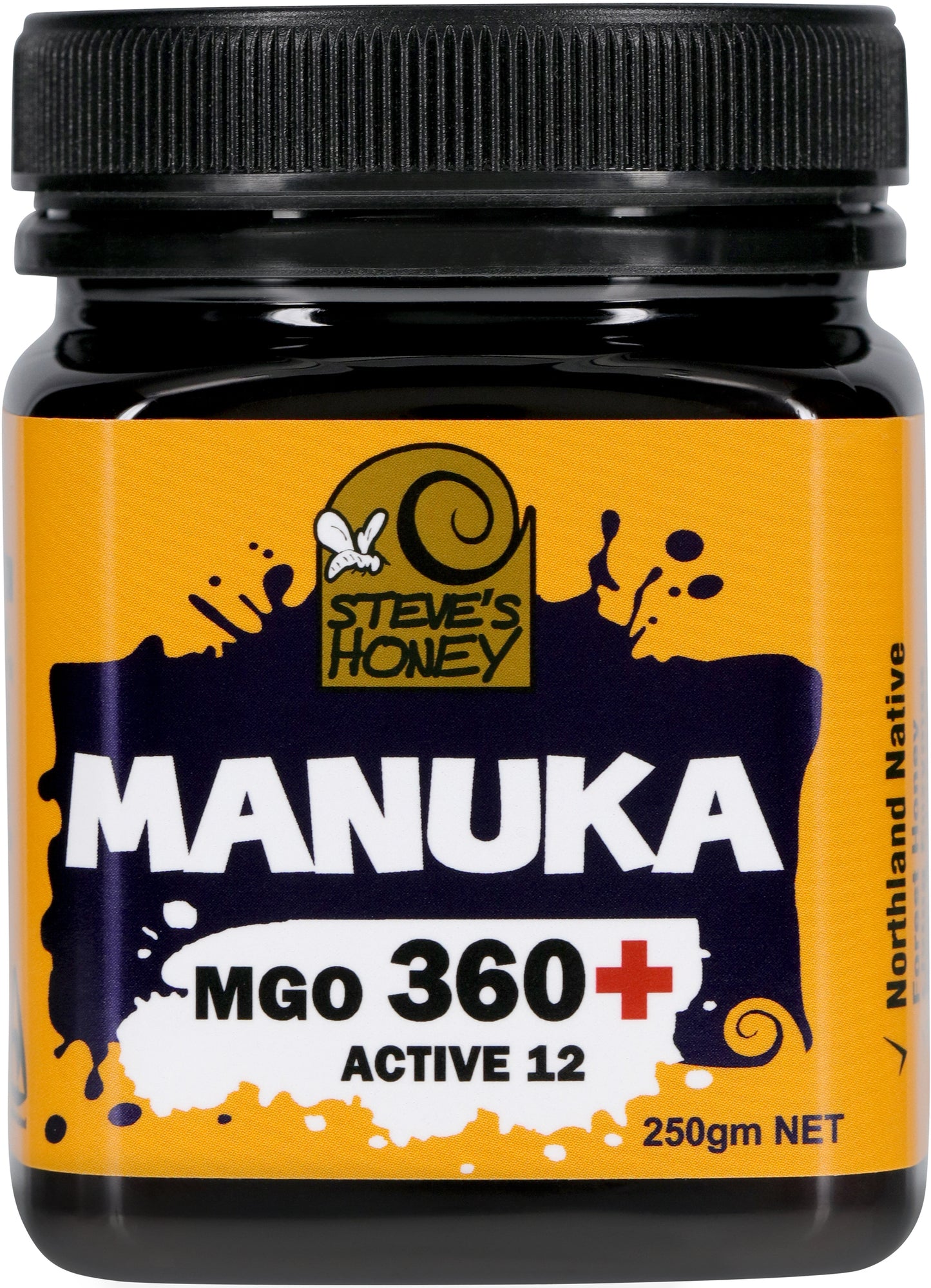 A 250 gram black jar of MGO 340+ Manuka Honey by Steve's Honey, with a playful yellow label.