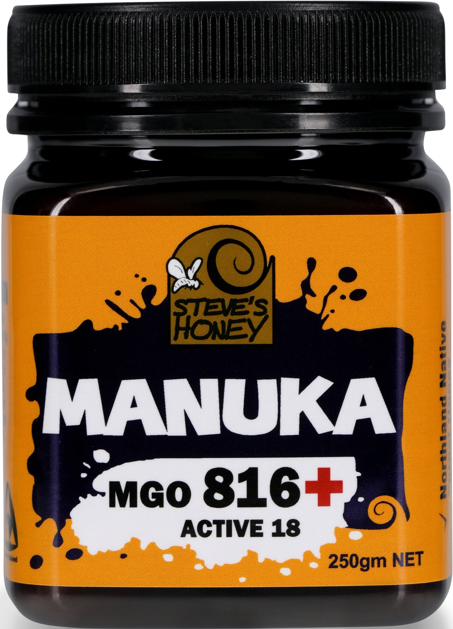 A 250 gram black jar of Premium Grade MGO 816+ Manuka Honey by Steve's Honey, with a playful yellow label.