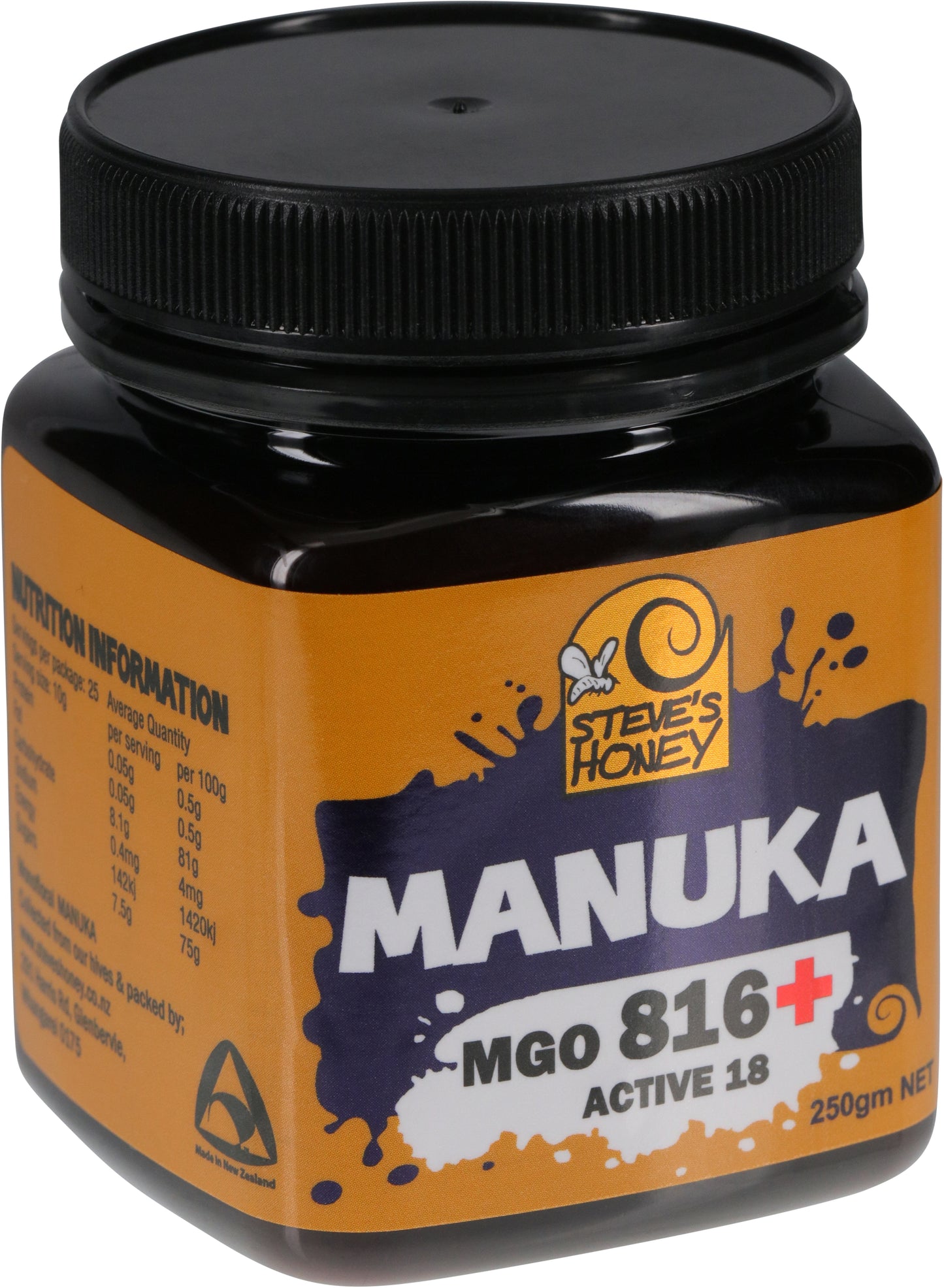 A 250 gram black jar of Premium Grade MGO 816+ Manuka Honey by Steve's Honey, with a playful yellow label.