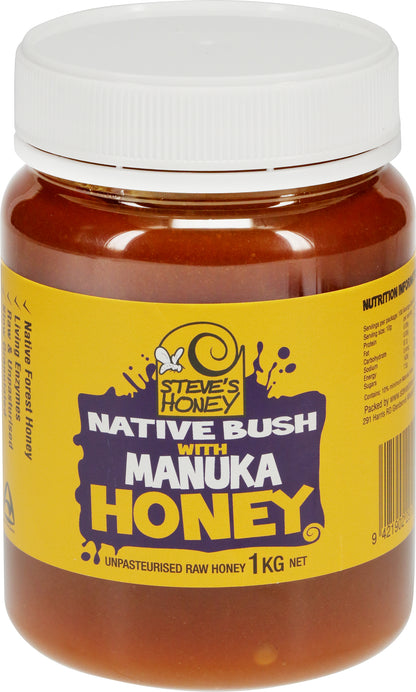 A 1kg clear jar of Native Bush with Manuka Honey by Steve's Honey, with a playful yellow label.